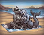  2016 anthro balls beach breasts canine cetacean chest_tuft claws convenient_censorship crossed_legs cuddling dipstick_tail dolphin duo eyewear flaccid fox hand_on_hip inner_ear_fluff mammal marine multicolored_tail nipples nude outside penis seaside sepia_(artist) sitting smile sunglasses toe_claws towel tuft 