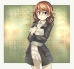  blue_eyes brown_hair harriet_steer jacket looking_at_viewer m4k155 military military_uniform papers smile solo strike_witches uniform world_witches_series 