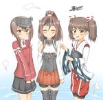  absurdres brown_hair cosplay costume_switch flat_chest hair_ribbon highres japanese_clothes kantai_collection kariginu long_sleeves multiple_girls muneate nedia_(nedia_region) ponytail ribbon ryuujou_(kantai_collection) ryuujou_(kantai_collection)_(cosplay) taihou_(kantai_collection) taihou_(kantai_collection)_(cosplay) trait_connection twintails visor_cap zuihou_(kantai_collection) zuihou_(kantai_collection)_(cosplay) 
