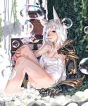  animal_ears ass bangs bare_legs bare_shoulders barefoot blush breasts bubble bubble_blowing cable camisole cleavage collarbone eyelashes fingernails flower fox_ears green_eyes hair_over_one_eye karasu-san_(syh3iua83) knees_up leaning_back long_hair looking_at_viewer machinery mechanical_arm medium_breasts mouth_hold no_pants number one_eye_covered original panties plant pole sitting smile solo underwear untied very_long_hair vines white_flower white_hair white_panties 