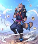  barefoot brown_fur canine clothing ear_piercing fangs fishnet food fur furrowed_brow hood japanese_clothing kunai male mammal melee_weapon motion_blur ninja object_in_mouth on_one_leg outside piercing plantigrade popcorn raised_leg sheepuppy side_view sky solo standing sword weapon wolf 