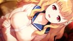  1girl blonde_hair breasts collarbone erect_nipples eyebrows eyebrows_visible_through_hair flower game_cg hair_flower hair_ornament hamashima_shigeo happy highres large_breasts long_hair long_sleeves looking_at_viewer momozono_moka original parted_lips puffy_nipples red_eyes school_uniform shinsou_noise:_jushin_tantei_no_jikenbo smile solo standing upper_body zipper 