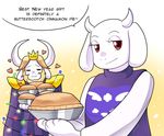  &lt;3 asgore_dreemurr beard blush boss_monster caprine christmas_lights crown delta_rune duo facial_hair food fur goat horn keterok long_ears mammal pie red_eyes simple_background toriel undertale video_games white_fur wrapped_up 