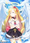  ahoge angel angel_wings blonde_hair blush closed_eyes cross crossed_arms feathers halo heaven highres long_hair original pout solo sparkle thighhighs translation_request tsundere weill white_legwear wings 