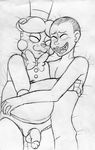  2015 :3 animatronic anthro bear black_and_white blush bow_tie cuddling duo eyes_closed five_nights_at_freddy&#039;s five_nights_at_freddy&#039;s_2 flaccid hat hug human inkyfrog lying machine male male/male mammal monochrome nude on_side open_mouth open_smile penis robot shaved_head simple_background smile top_hat toy_freddy_(fnaf) traditional_media_(artwork) video_games white_background 