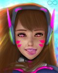  :p alternate_eye_color artist_name asian bangs blue_sky bodysuit brown_hair d.va_(overwatch) eyelashes eyeliner facepaint facial_mark headphones high_collar lips lipstick long_hair looking_at_viewer makeup nose outdoors overwatch parted_lips pilot_suit pink_eyes pink_lipstick portrait realistic runicinfinitesisters shoulder_pads signature skin_tight sky solo swept_bangs teeth tongue tongue_out watermark web_address whisker_markings wind 