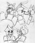  2015 animatronic anthro black_and_white blush bonnie_(fnaf) bow_tie canine duo eye_patch eyes_closed eyewear five_nights_at_freddy&#039;s fox foxy_(fnaf) inkyfrog kissing lagomorph machine male male/male mammal monochrome rabbit robot sex simple_background sweat traditional_media_(artwork) video_games white_background 