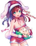  :3 :d animal_ears bangs bare_shoulders blue_eyes blush blush_stickers breasts brown_hair bunny_ears bunny_tail cleavage collarbone d.va_(overwatch) dress enepuni facial_mark fangs fingerless_gloves gloves hair_between_eyes hat heart heart-shaped_pupils highres hips holding holding_stuffed_animal long_hair looking_at_viewer medium_breasts neck_ribbon octopus open_mouth overwatch pachimari ribbon santa_costume santa_hat sleeveless sleeveless_dress smile snowflakes solo stuffed_animal stuffed_toy sweat symbol-shaped_pupils tail tentacles thighhighs whisker_markings 