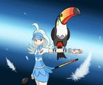  &gt;:( ahoge aqua_hair beak bird bird_on_arm blue_hat blue_skirt bracelet breasts buttons closed_mouth collared_shirt elite_four feathers frown gen_7_pokemon gloves golf_club hat holding jewelry kahili_(pokemon) kurogane_hagane lavender_eyes long_hair looking_away looking_to_the_side medium_breasts miniskirt outstretched_arm pencil_skirt pokemon pokemon_(creature) pokemon_(game) pokemon_sm shirt short_sleeves single_glove skirt standing striped striped_shirt toucan toucannon v-shaped_eyebrows white_gloves z-ring 
