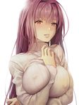  amakuri3000 blush breasts covered_nipples fate/grand_order fate_(series) large_breasts long_hair looking_at_viewer parted_lips purple_hair red_eyes ribbed_sweater scathach_(fate)_(all) scathach_(fate/grand_order) simple_background smile solo sweater white_background 