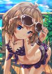  adjusting_eyewear anchor armband bad_id bad_pixiv_id bent_over bikini blue_eyes blush brown_hair eyewear_on_head foreshortening glasses highres idolmaster idolmaster_million_live! jewelry looking_at_viewer narumi_arata necklace short_hair smile solo sunglasses suou_momoko swimsuit 