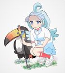  &gt;:) amehaato aqua_hair beak bird blue_hat blue_skirt closed_mouth collared_shirt elite_four feathers gen_7_pokemon gloves golf_club grass hat kahili_(pokemon) lavender_eyes long_hair miniskirt mole mole_under_eye pencil_skirt pokemon pokemon_(creature) pokemon_(game) pokemon_sm shirt short_sleeves silver_background simple_background single_glove skirt smile squatting striped striped_shirt tiptoes toucan toucannon v-shaped_eyebrows 