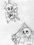  2015 animatronic anthro black_and_white blush bonnie_(fnaf) bow_tie canine crossed_arms duo eye_patch eyewear five_nights_at_freddy&#039;s fox foxy_(fnaf) hug inkyfrog lagomorph machine male male/male mammal monochrome rabbit robot simple_background traditional_media_(artwork) video_games white_background 