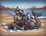  2016 anthro beach bikini breasts canine cetacean chest_tuft claws cleavage clothed clothing crossed_legs cuddling dipstick_tail dolphin duo eyewear fox hand_on_hip inner_ear_fluff mammal marine multicolored_tail nipples outside seaside sepia_(artist) shorts sitting smile sunglasses swimsuit toe_claws towel tuft 