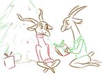  2016 antelope anthro bottomless bucky_oryx-antlerson christmas christmas_tree clothed clothing disney duo english_text gift holidays kneeling kudu male mammal oryx pronk_oryx-antlerson restricted_palette simple_background sitting sweater text tggeko tree white_background zootopia 