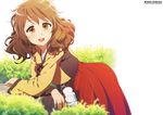  arm_rest artist_name brown_eyes brown_hair curly_hair english hanbok hibike!_euphonium keychain korean_clothes long_skirt long_sleeves medium_hair nakta open_mouth oumae_kumiko plant round_teeth skirt solo sunlight teeth twitter_username 