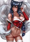  ahri animal_ears artist_name bare_shoulders black_hair braid breasts brown_eyes cleavage closed_mouth collarbone contrapposto covered_nipples cowboy_shot dandon_fuga detached_sleeves fingernails fox_ears fox_tail gem glint groin hand_in_hair korean_clothes large_breasts league_of_legends long_fingernails long_hair long_sleeves looking_at_viewer low_neckline multiple_tails navel panties panty_pull red_lips red_panties ribbon ribbon-trimmed_sleeves ribbon_trim sapphire_(stone) simple_background single_braid smile solo standing stomach strapless tail tassel thighhighs underwear whisker_markings white_background white_legwear yellow_ribbon 