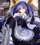  alternate_costume apron blue_hair blush breasts corset dizzy enmaided fallen_down frilled_apron frills guilty_gear hair_ribbon large_breasts maid maid_headdress red_eyes ribbon solo tongari twintails yellow_ribbon 