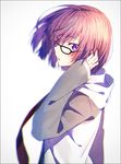  bangs black-framed_eyewear blurry border depth_of_field fate/grand_order fate_(series) from_side glasses grey_background hakusai_(tiahszld) hand_in_hair hood hood_down hoodie looking_to_the_side mash_kyrielight necktie parted_lips purple_eyes purple_hair red_neckwear short_hair sleeves_past_wrists solo upper_body 