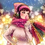  artist_name bag beanie blurry blurry_background blush bokeh breasts brown_eyes brown_hair bubble_blowing casual chewing_gum d.va_(overwatch) depth_of_field facepaint facial_mark hand_on_hip hat headphones holding long_hair long_sleeves looking_to_the_side medium_breasts night outdoors overwatch ribbed_sweater scarf shopping_bag signature sleeves_past_wrists snowing solo sweater umigraphics upper_body whisker_markings 