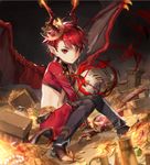  &gt;:( bat_wings coin cropped_jacket crown elsword elsword_(character) frown full_body gem gold horns knees_together_feet_apart looking_at_viewer male_focus midriff navel open_toe_shoes pointy_ears red_eyes red_hair scorpion5050 shield shoes sitting slit_pupils solo sword treasure treasure_chest v-shaped_eyebrows weapon wings yellow_eyes 