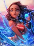  bare_shoulders black_hair breasts curly_hair dark_skin disney earrings element_bending freckles jewelry lips long_hair medium_breasts moana_(movie) moana_waialiki nose revision ross_tran small_breasts solo water 
