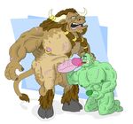  2016 angry balls bigbrownorc bovine digital_media_(artwork) erection fur horn humanoid humanoid_penis licking male male/male mammal minotaur muscular nipples nude open_mouth orc penis piercing roaring scar simple_background tauren teeth tongue tongue_out video_games warcraft 