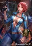  belt bra breasts cleavage fallout fallout_3 green_eyes gun large_breasts lips lone_wanderer machine_pistol nudtawut_thongmai parted_lips pip_boy red_hair smile solo underwear unzipped updo vault_suit watermark weapon 