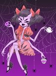  1girl extra_arms extra_eyes fangs female full_body high_heels muffet ribbon skirt solo spider spider_girl tea teapot twintails undertale 