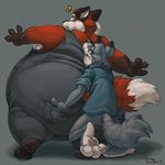  2016 3_toes anthro artfulreggie bottomless canine clothed clothing fluffy fluffy_tail fox fur grey_fur grope hindpaw male male/male mammal morbidly_obese obese overalls overweight pawpads paws red_fur size_difference surprise teaselbone toes wolf 