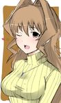  ;d absurdres blush breasts brown_eyes brown_hair gori_matsu_(turuyasann2) hair_intakes heart highres jewelry jinguuji_marimo large_breasts long_hair muvluv necklace one_eye_closed open_mouth ribbed_sweater smile solo sweater turtleneck turtleneck_sweater 