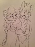  anthro apes arm_in_arm canine clothed clothing duo feline female male male/female mammal smile standing tongue tongue_out traditional_media_(artwork) 