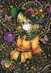  artist_name ballpoint_pen_(medium) black_background blonde_hair blouse bug butterfly commentary_request dated floral_background flower green_eyes hat hat_flower insect komeiji_koishi long_sleeves looking_at_viewer marker_(medium) mosho orange_blouse short_hair smile solo third_eye touhou traditional_media upper_body 