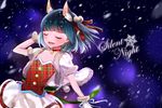  1girl absurdres animal_ears bell black_hair cat_ears christmas closed_eyes collar commentary_request english_text flat_chest gloves hair_ornament highres kiki_(tsunya) neck_bell open_mouth photoshop_(medium) plaid plaid_ribbon ribbon ryoune_yami skirt snow snowflakes solo utau white_gloves white_skirt winter 
