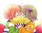  angelic_angel blush closed_eyes commentary_request covered_mouth fan flower from_side hair_flower hair_ornament hair_ribbon hoshizora_rin kiss koizumi_hanayo love_live! love_live!_school_idol_project mikurun multiple_girls orange_hair profile ribbon short_hair yuri 