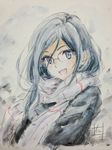  :d black_hair blue_eyes coat glasses hair_between_eyes hibike!_euphonium highres long_hair looking_at_viewer nii_manabu open_mouth scarf signature smile snowing solo tanaka_asuka traditional_media upper_body watercolor_pencil_(medium) white_background winter_clothes winter_coat 