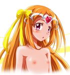  1girl blonde_hair breasts cure_muse flat_chest hair_ribbon heart looking_at_viewer nipples precure purple_eyes ribbon shirabe_ako shishinon simple_background solo suite_precure tiara upper_body white_background yellow_ribbon 