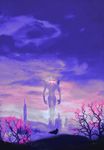  artstation_sample bident bird building cherry_blossoms city_lights cloak cloud cloudy_sky commentary eva_06 evangelion:_2.0_you_can_(not)_advance flying fog glowing glowing_eyes hill holding holding_spear holding_weapon hood hooded_cloak image_sample mecha neon_genesis_evangelion polearm rebuild_of_evangelion signature size_difference sky skyscraper spear standing tree weapon wind 