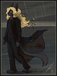  anthro apes blonde_hair clothed clothing feline fur hair long_hair male mammal raining simple_background solo standing 