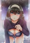  black_hair blue_eyes blush bra breasts cleavage clothes_lift downblouse hairband idolmaster idolmaster_cinderella_girls jewelry kyuunosuke_(lactis09) lace lace-trimmed_bra large_breasts leaning_forward necklace night night_sky panties sagisawa_fumika sky solo sweater sweater_lift thighs underwear window 