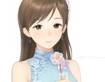  bangs brown_eyes brown_hair commentary_request cup dress drinking_glass drinking_straw earrings flower hair_ornament idolmaster idolmaster_cinderella_girls idolmaster_cinderella_girls_starlight_stage jewelry light_smile long_hair matayoshi nitta_minami portrait sleeveless sleeveless_dress solo swept_bangs 