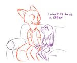 2016 anthro canine clothed clothing dialogue disney duo english_text eye_contact female fox hand_holding judy_hopps lagomorph male mammal nick_wilde rabbit restricted_palette simple_background sitting sofa text tggeko white_background zootopia 