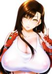  blush breasts brown_hair cleavage collarbone commentary_request covered_nipples crop_top earrings final_fantasy final_fantasy_vii fingerless_gloves fumizuki_misoka gloves head_tilt huge_breasts jewelry long_hair looking_at_viewer parted_lips red_gloves see-through sidelocks smile solo tank_top tifa_lockhart upper_body v yellow_eyes 