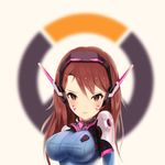  alternate_breast_size animal_print astdevir bad_id bad_pixiv_id blue_bodysuit blurry blurry_background blush bodysuit breasts brown_eyes brown_hair bunny_print d.va_(overwatch) facepaint facial_mark hair_between_eyes headphones high_collar large_breasts light_smile logo long_hair long_sleeves looking_at_viewer overwatch overwatch_(logo) parted_lips pilot_suit pink_lips ribbed_bodysuit shoulder_pads simple_background skin_tight solo whisker_markings white_background 