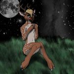  anthro antlers blonde_hair blue_eyes cervine chital deer deer-spangle grass hair hooves horn male mammal moon nude solo spots 