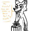  2016 anthro canine chest_tuft dialogue dick_in_a_box disney english_text fox gift inkyfrog male mammal nick_wilde nude restricted_palette simple_background solo standing suggestive text tuft unseen_character white_background zootopia 