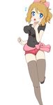  1girl black_shirt blue_eyes blush bow brown_hair hot_pants nipples open_mouth pink_bow pink_dress pink_shorts pokemon pokemon_(anime) serena_(pokemon) short_hair shorts solo thighhighs 