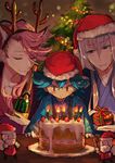  antlers blue_eyes blue_hair bottle cake candle christmas christmas_tree closed_eyes fake_antlers food gift hat highres kousetsu_samonji male_focus multiple_boys pink_hair pippi_(pixiv_1922055) reindeer_antlers santa_hat sayo_samonji smile souza_samonji touken_ranbu 