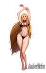  barefoot bikini black_bikini blonde_hair blue_eyes boongari breasts curvy dungeon_and_fighter full_body highres lips long_hair medium_breasts navel simple_background solo swimsuit thick_thighs thighs toenail_polish very_long_hair white_background wide_hips 