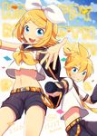  1girl 2016 anniversary artist_name belt birthday blonde_hair blue_eyes blue_sky bow brother_and_sister dated detached_sleeves fang hair_bow hair_ornament hair_ribbon hairclip headphones headset kagamine_len kagamine_rin midriff navel necktie nokuhashi open_mouth outstretched_arms ribbon sailor_collar short_hair short_ponytail shorts siblings signature sky smile twins vocaloid yellow_neckwear 